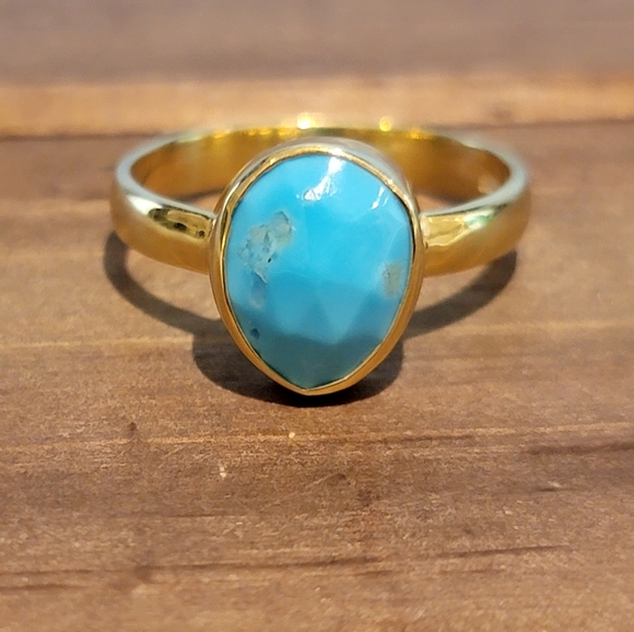 Vintage Jewelry - Native Turquoise Stone Gemstone 14k Gold Ring 8 Sterling Silver Boho Jewelry